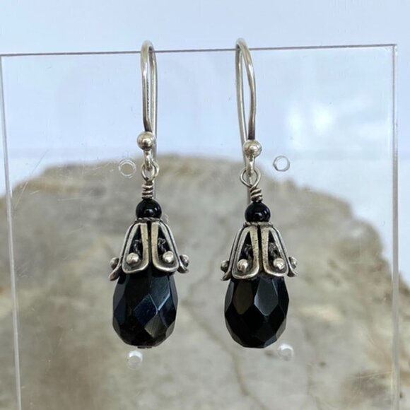 Sterling Silver 925 1.5" Checkerboard Faceted Black Glass Beaded Dangle Earrings - Picture 11 of 16
